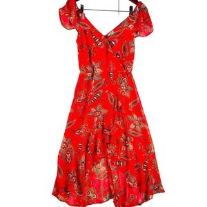 eyeshadow Red Floral Print Dress Ruffle Sleeve Summer Casual Size S